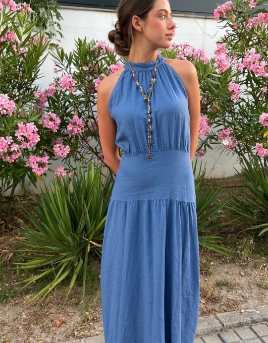Vestido Cuello Halter Cintura Fajin Azul - Imagen 2