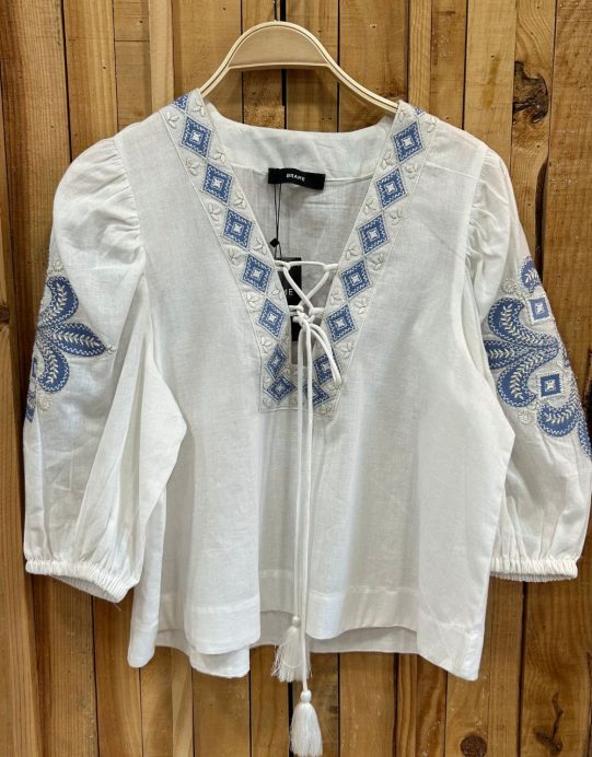Camisa Bordados Boho Blanca y Azul - Imagen 2