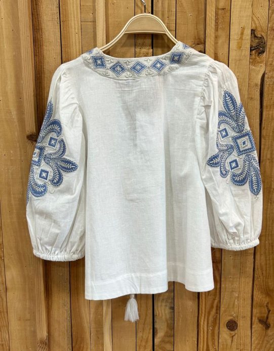 Camisa Bordados Boho Blanca y Azul - Imagen 3