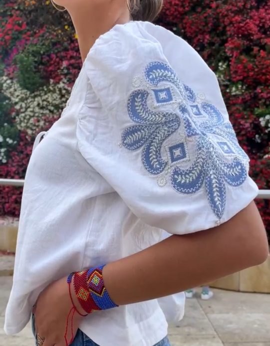 Camisa Bordados Boho Blanca y Azul - Imagen 6