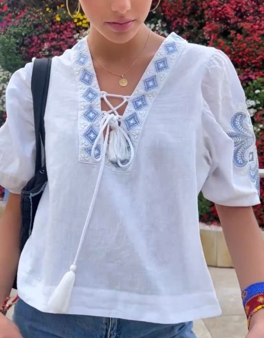 Camisa Bordados Boho Blanca y Azul - Imagen 7